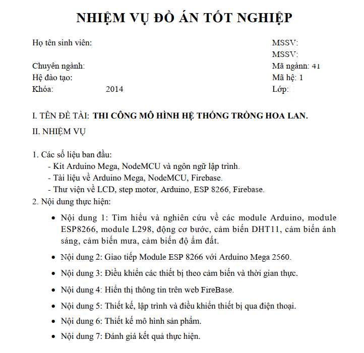 ĐỒ ÁN THI CÔNG MÔ HÌNH HỆ THỐNG TRỒNG HOA LAN